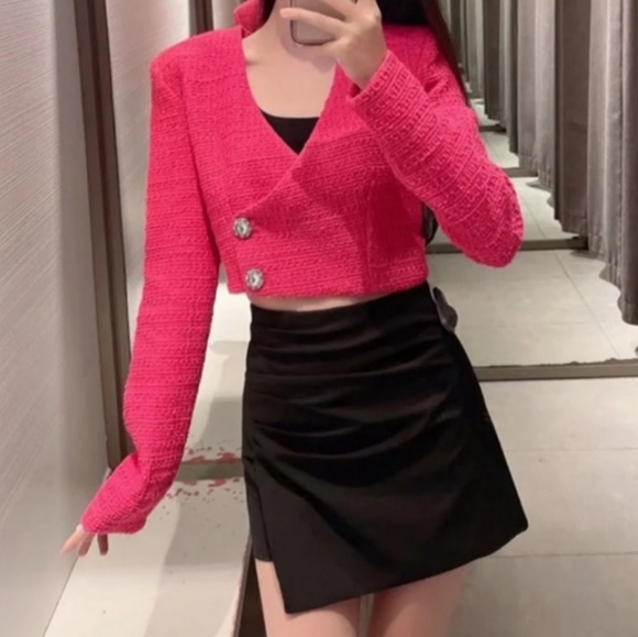 NWT Zara Pink Cropped Tweed Blazer Jacket XL - Picture 2 of 12